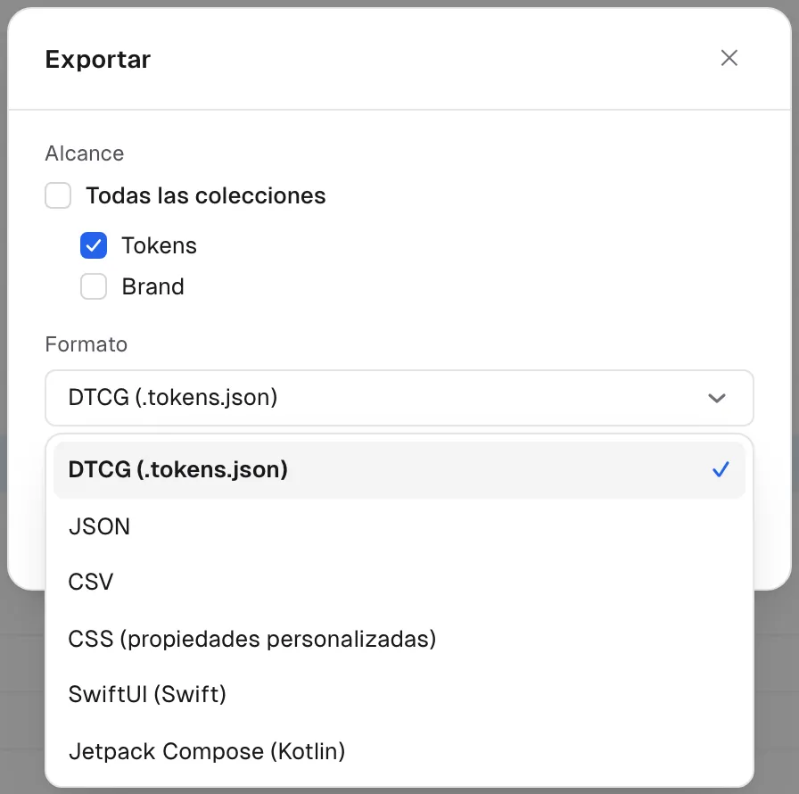 El cuadro de diálogo Exportar con el desplegable de formato abierto: DTCG, JSON, CSV, CSS, SwiftUI y Jetpack Compose