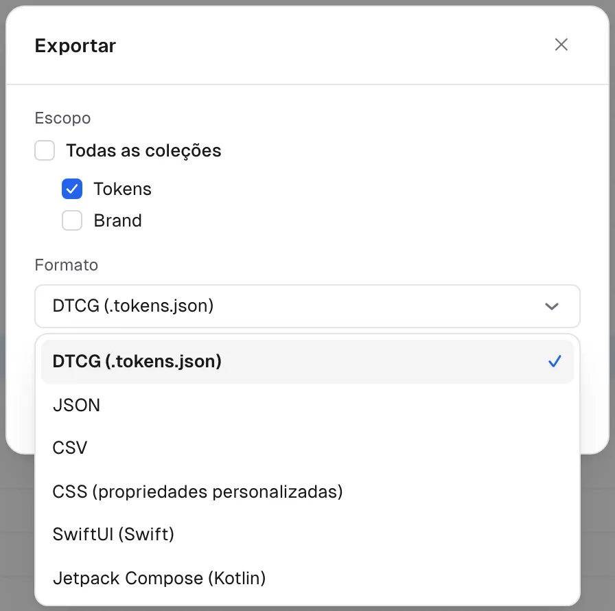 A caixa de diálogo Exportar com a lista de formatos aberta: DTCG, JSON, CSV, CSS, SwiftUI e Jetpack Compose