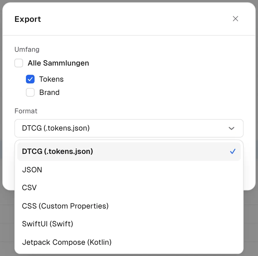 Der Export-Dialog mit geöffneter Formatliste: DTCG, JSON, CSV, CSS, SwiftUI und Jetpack Compose