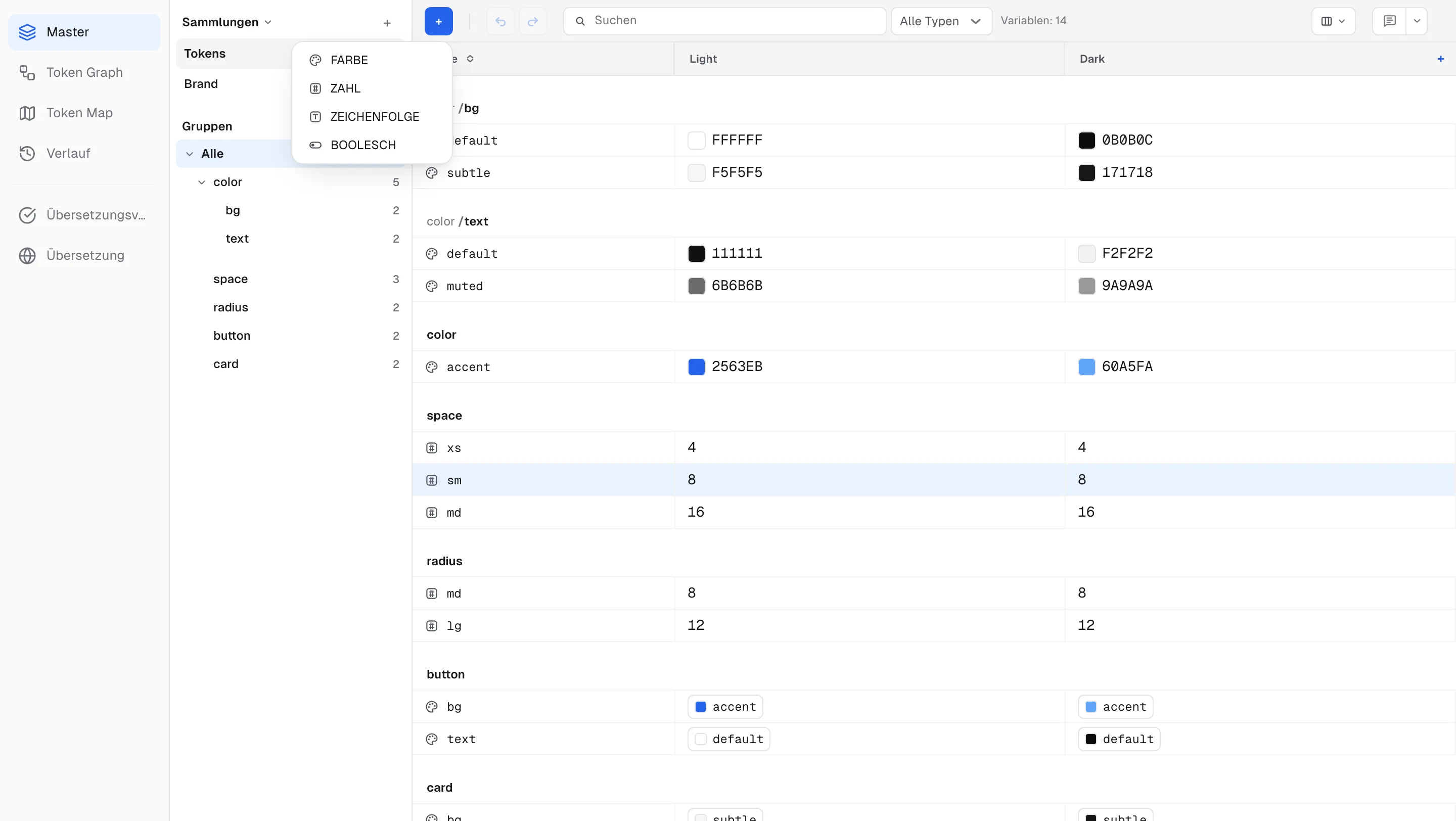 Das Typ-Dropdown des +-Buttons in der Symbolleiste – FARBE, ZAHL, ZEICHENFOLGE, BOOLESCH