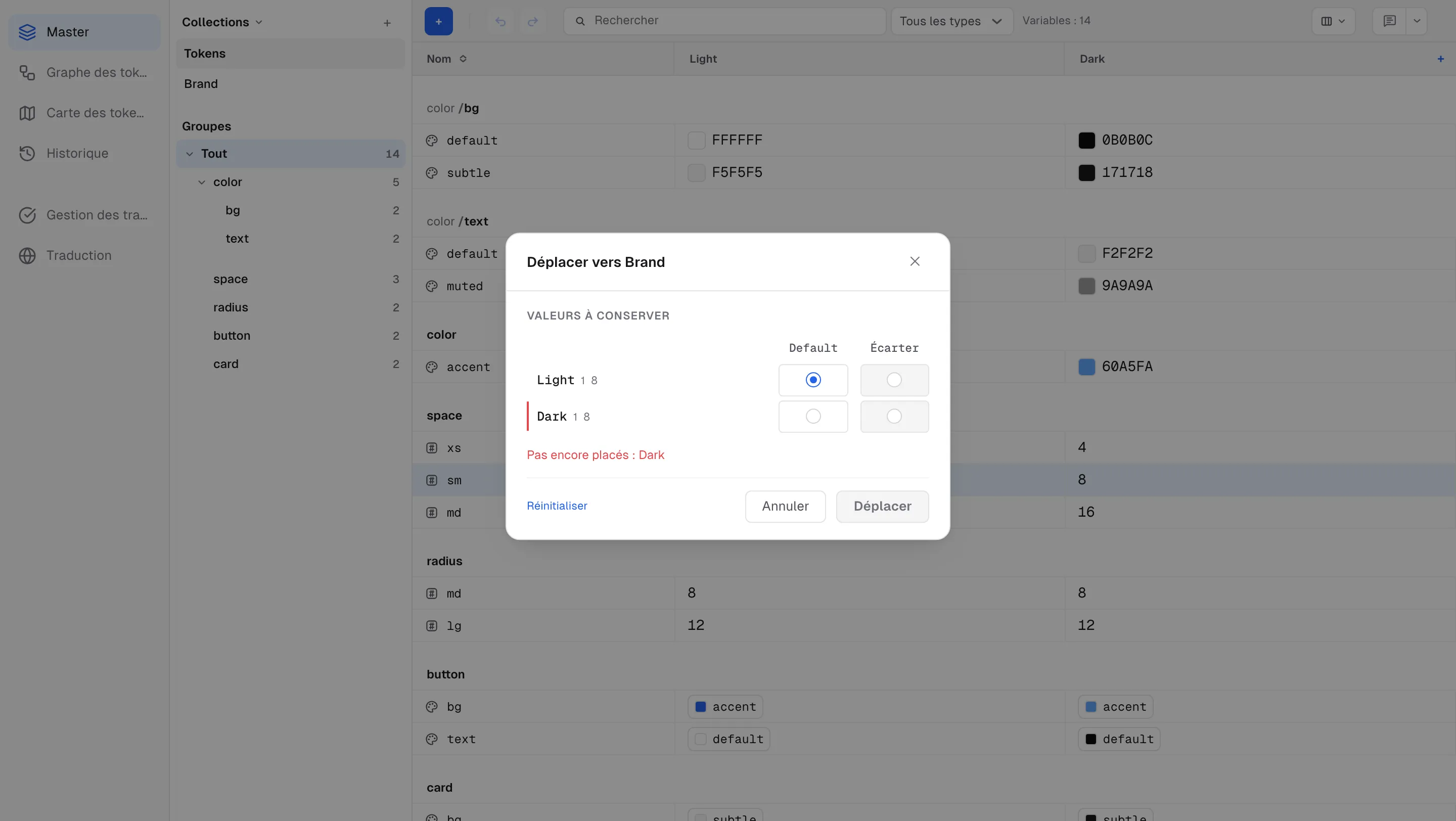 Le tableau de placement qui s’ouvre quand la collection cible a des modes différents