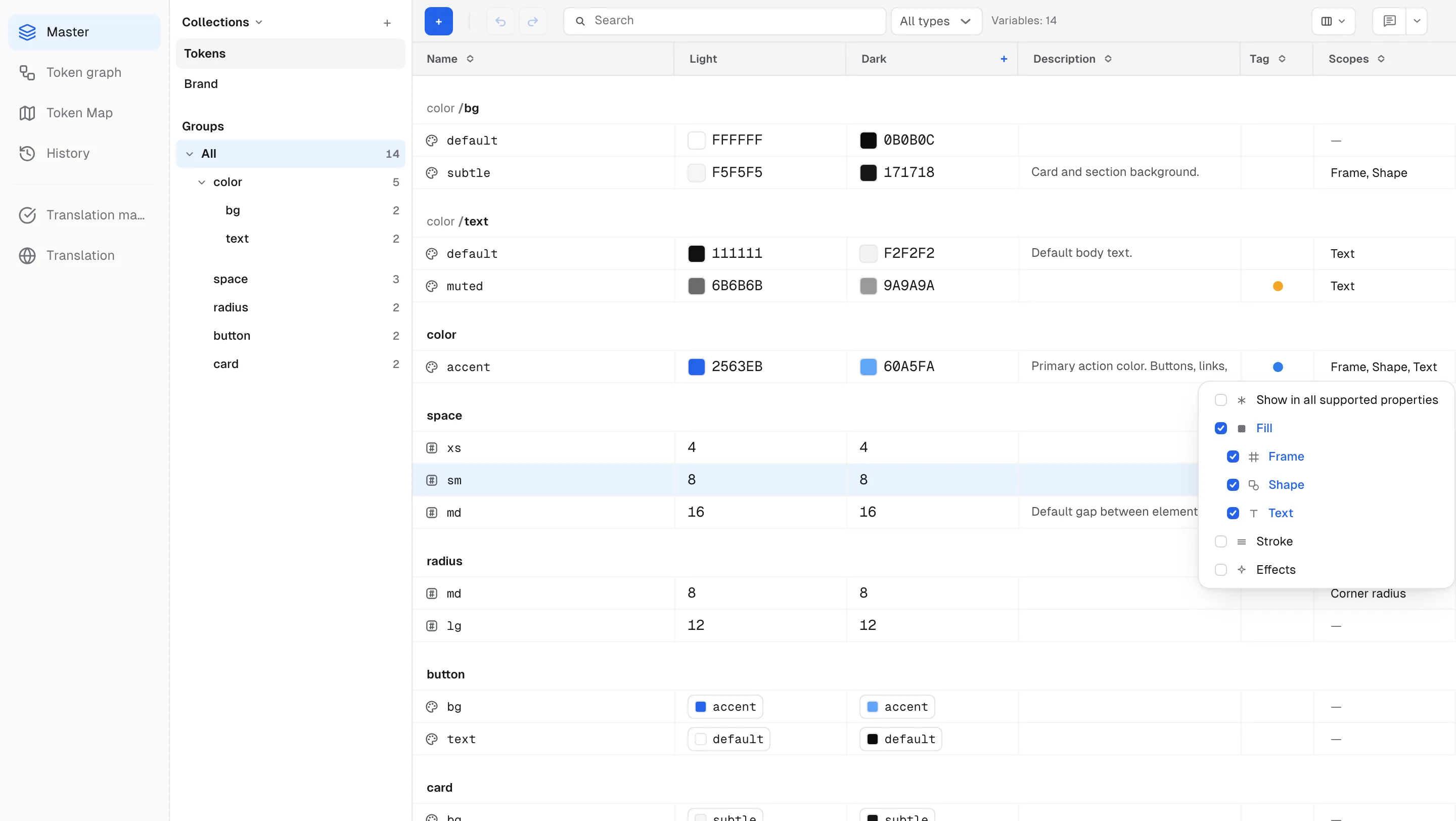 The scope list opened from a cell — the same hierarchy as Figma's scope dialog