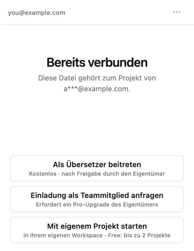 Der Bildschirm Bereits verbunden – Als Übersetzer beitreten / Einladung als Teammitglied anfragen / Mit eigenem Projekt starten