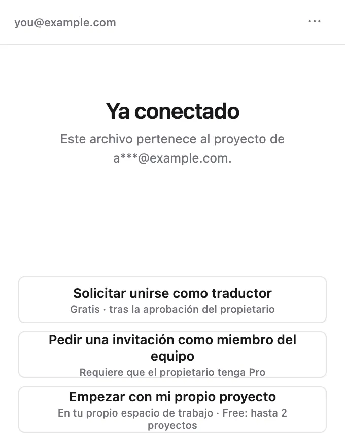 La pantalla Ya conectado: Solicitar unirse como traductor / Pedir una invitación como miembro del equipo / Empezar con mi propio proyecto