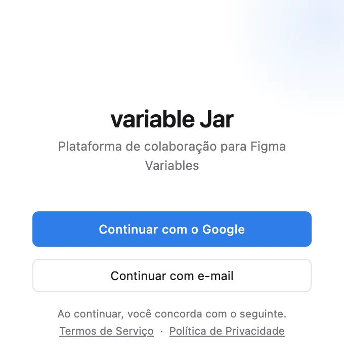 O painel de login do plugin — Continuar com o Google ou com e-mail