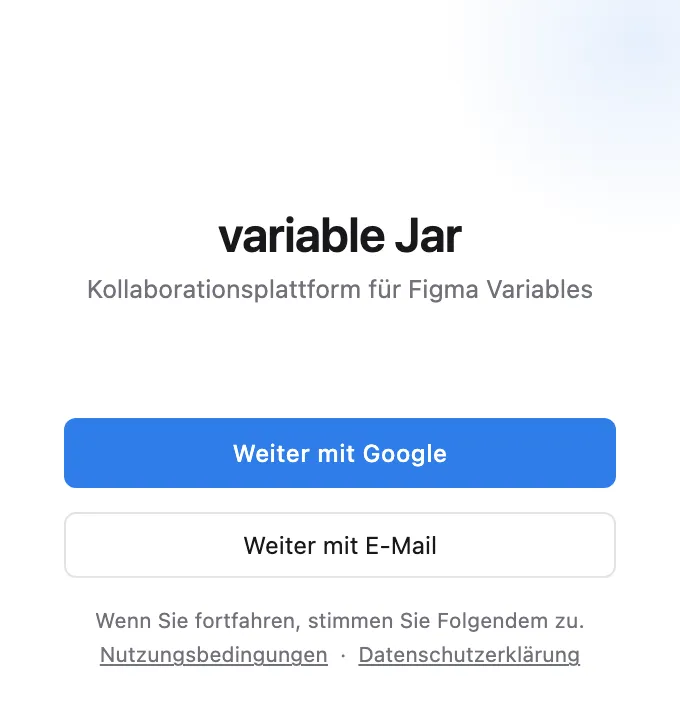Der Anmeldebereich des Plugins — Weiter mit Google oder Weiter mit E-Mail