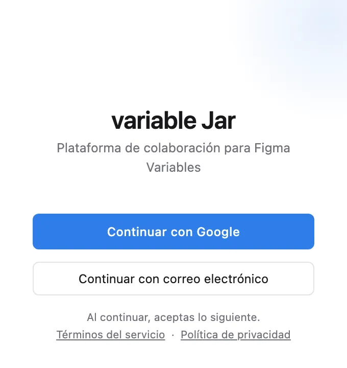 El panel de inicio de sesión del plugin — Continuar con Google o con correo electrónico