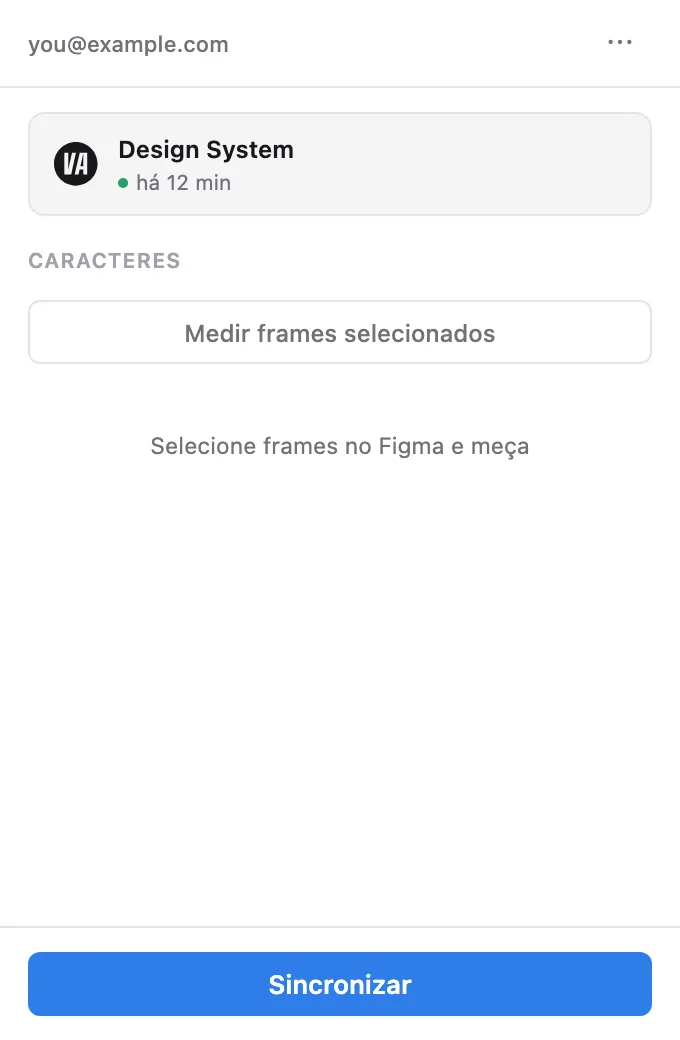 O painel do plugin conectado — nome do projeto, horário da última sincronização e botão Sincronizar