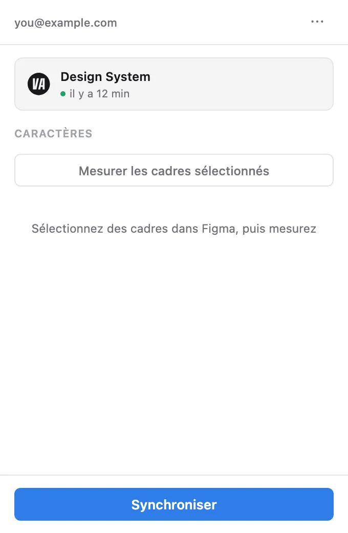 Le panneau du plugin connecté — nom du projet, heure de la dernière synchronisation et bouton Synchroniser