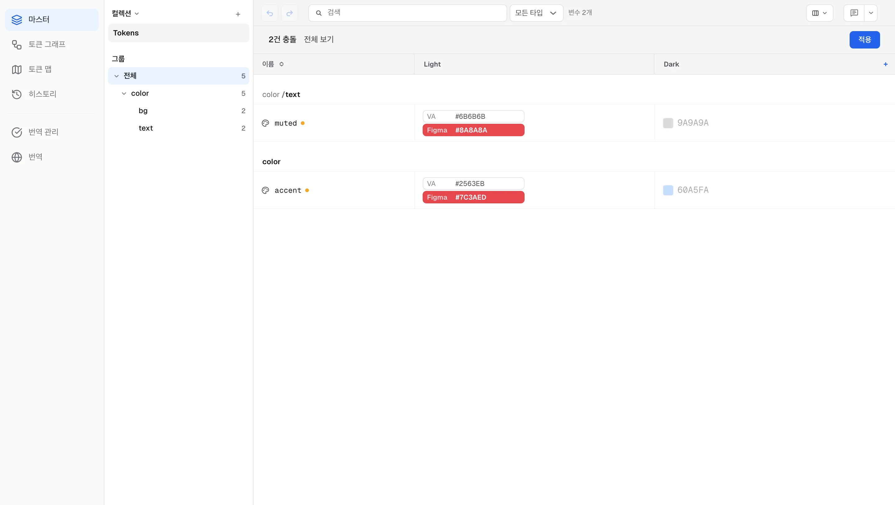 충돌 배너와 VA · Figma 두 줄로 표시된 충돌 셀