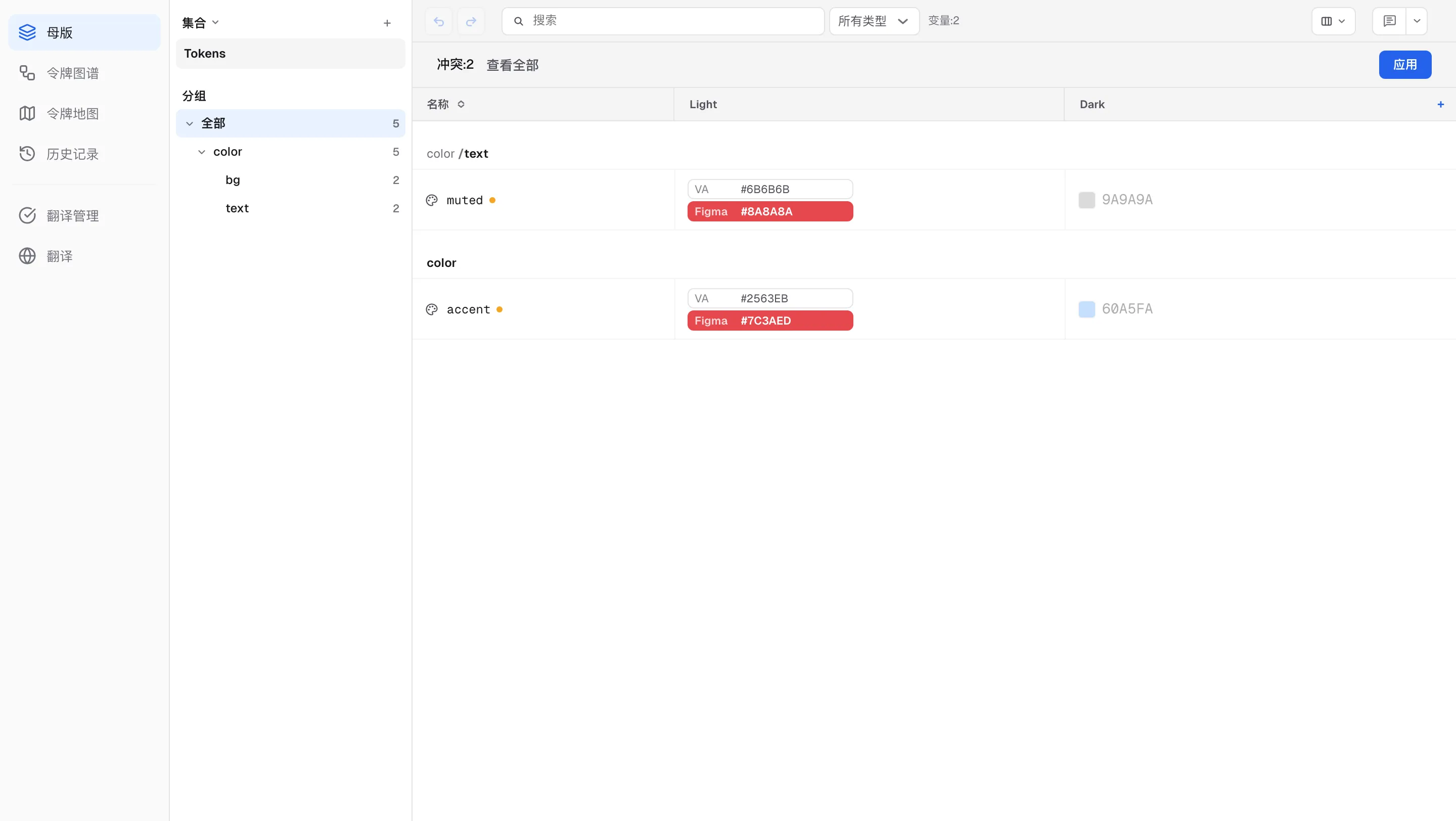 表格上方的冲突横幅,以及用两行显示 VA 和 Figma 值的冲突单元格