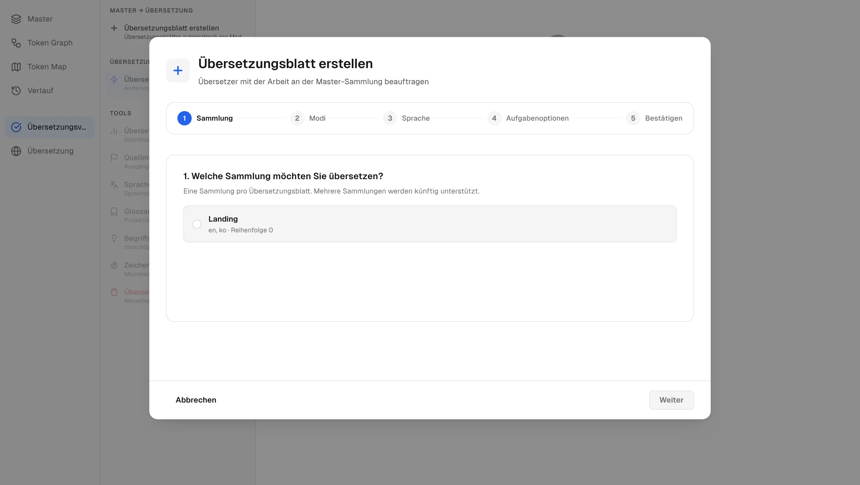 Der Assistent für Übersetzungsblätter – Sammlung, Modi, Sprache, Aufgabenoptionen, Bestätigen