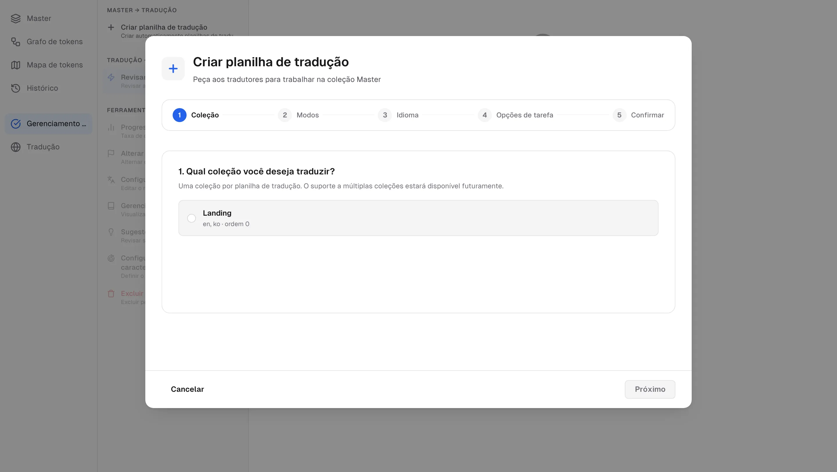 O assistente de planilha de tradução — coleção, modos, idioma, opções de tarefa, confirmação