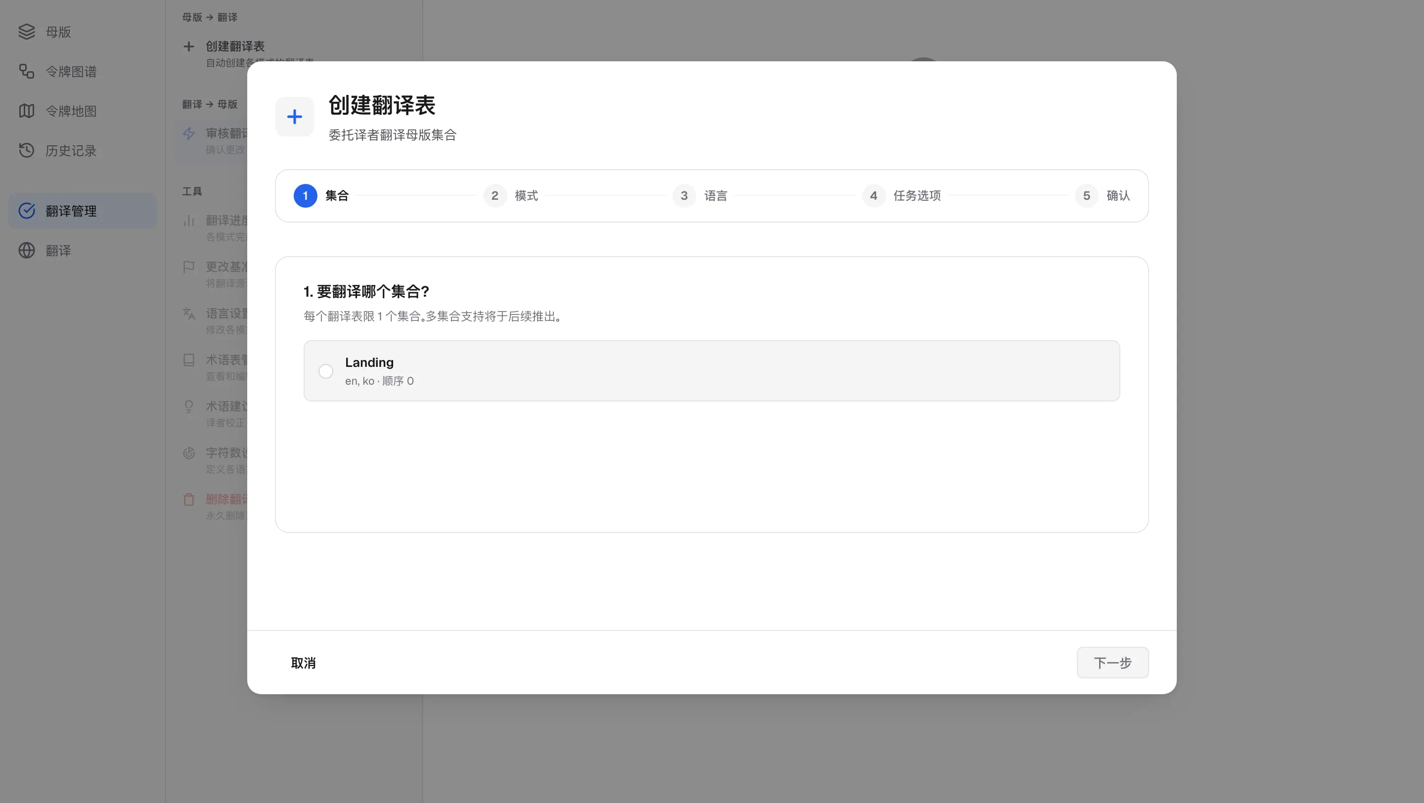 翻译表向导 — 集合、模式、语言、任务选项、确认