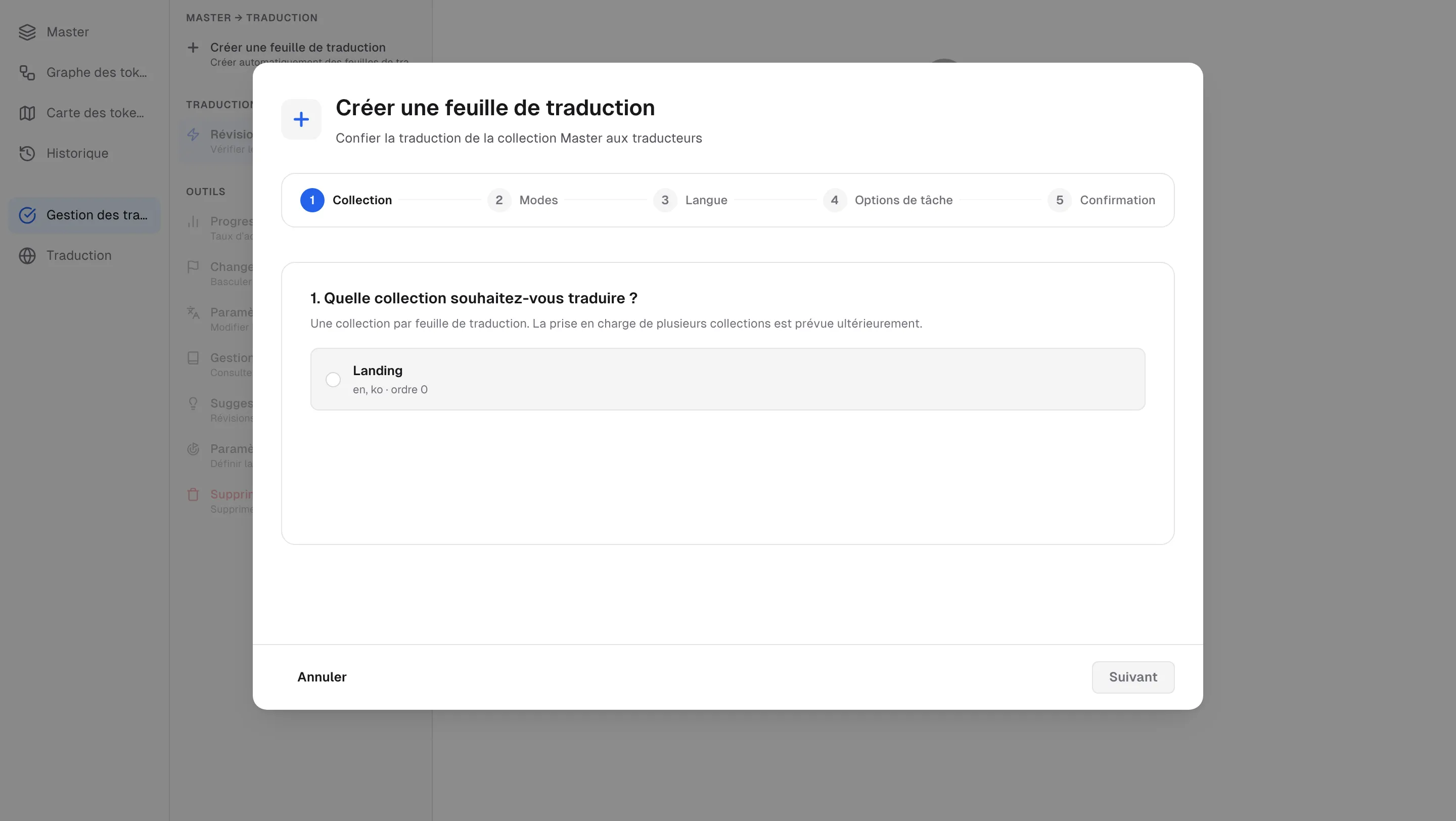 L’assistant de feuille de traduction — collection, modes, langue, options de tâche, confirmation