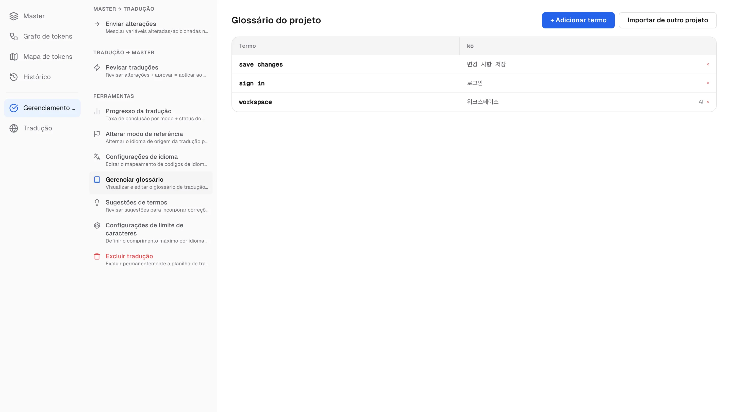 O glossário do projeto — termo de origem, tradução e origem (usuário ou IA)