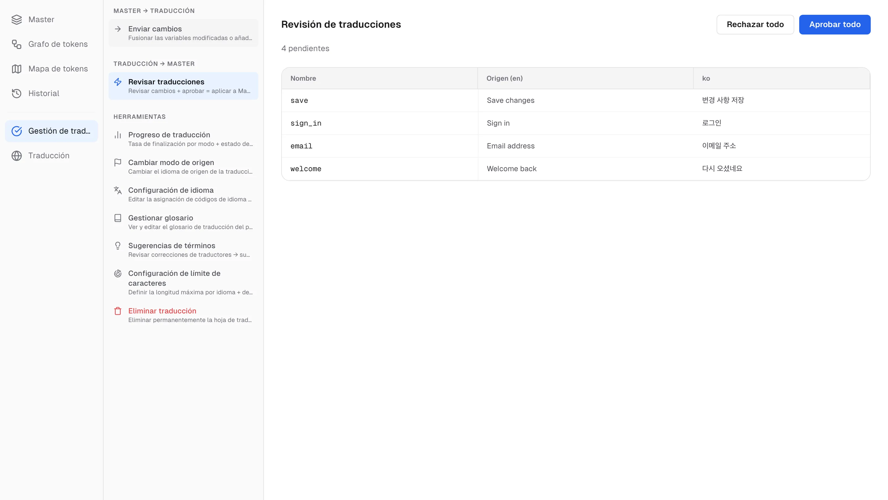 La pantalla Revisión de traducciones: el texto de origen junto a cada traducción, aprobada o rechazada fila por fila
