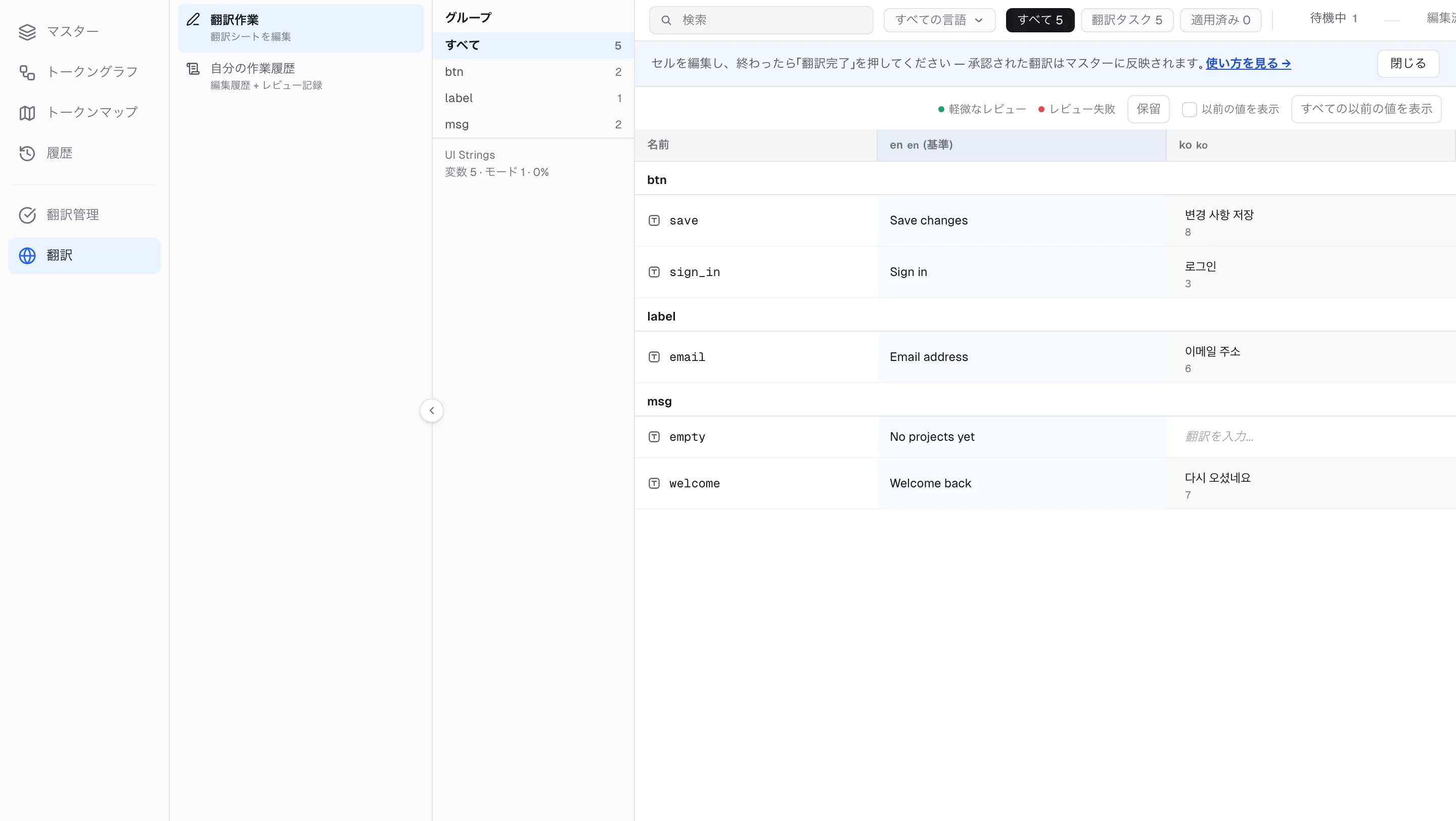 翻訳シート — 基準言語の列と翻訳の列、ステータスチップと進行タブ